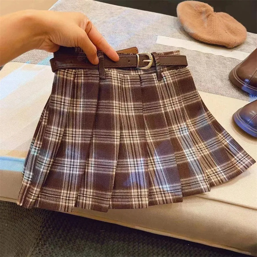Girls' plaid pleated A-line skirt in cotton blend fabric for heights 90cm to 140cm