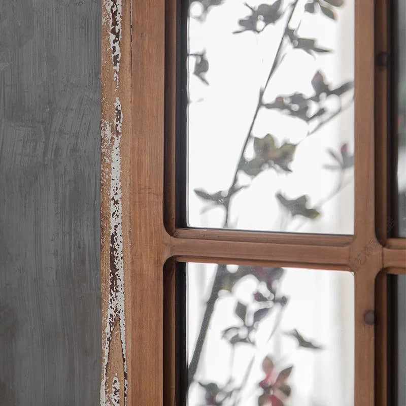 Terrace distressed fake window wall mirror with rustic log colour wooden-glass frame