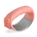 Stainless steel garlic press with coloured handles in black, blue, green, or pink options