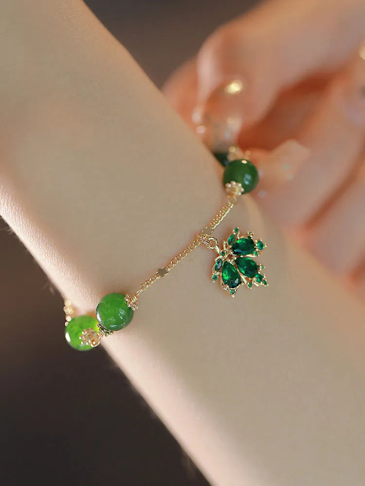 Women's green chalcedony bracelet with zircon maple leaf pendant on adjustable chain