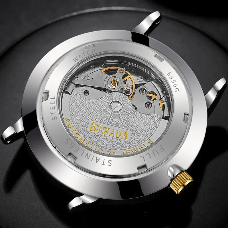 Men's full-automatic mechanical watch with gold and white dial, 9mm thick, business style
