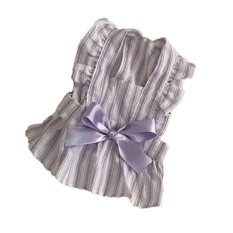 Purple dog dress with thin vest, bowknot and stripe skirt, sizes XS to XXL for small to large dogs