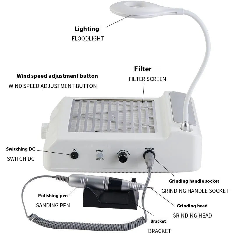 White multifunctional nail polishing machine with vacuum cleaner, shown with US or EU power adapter