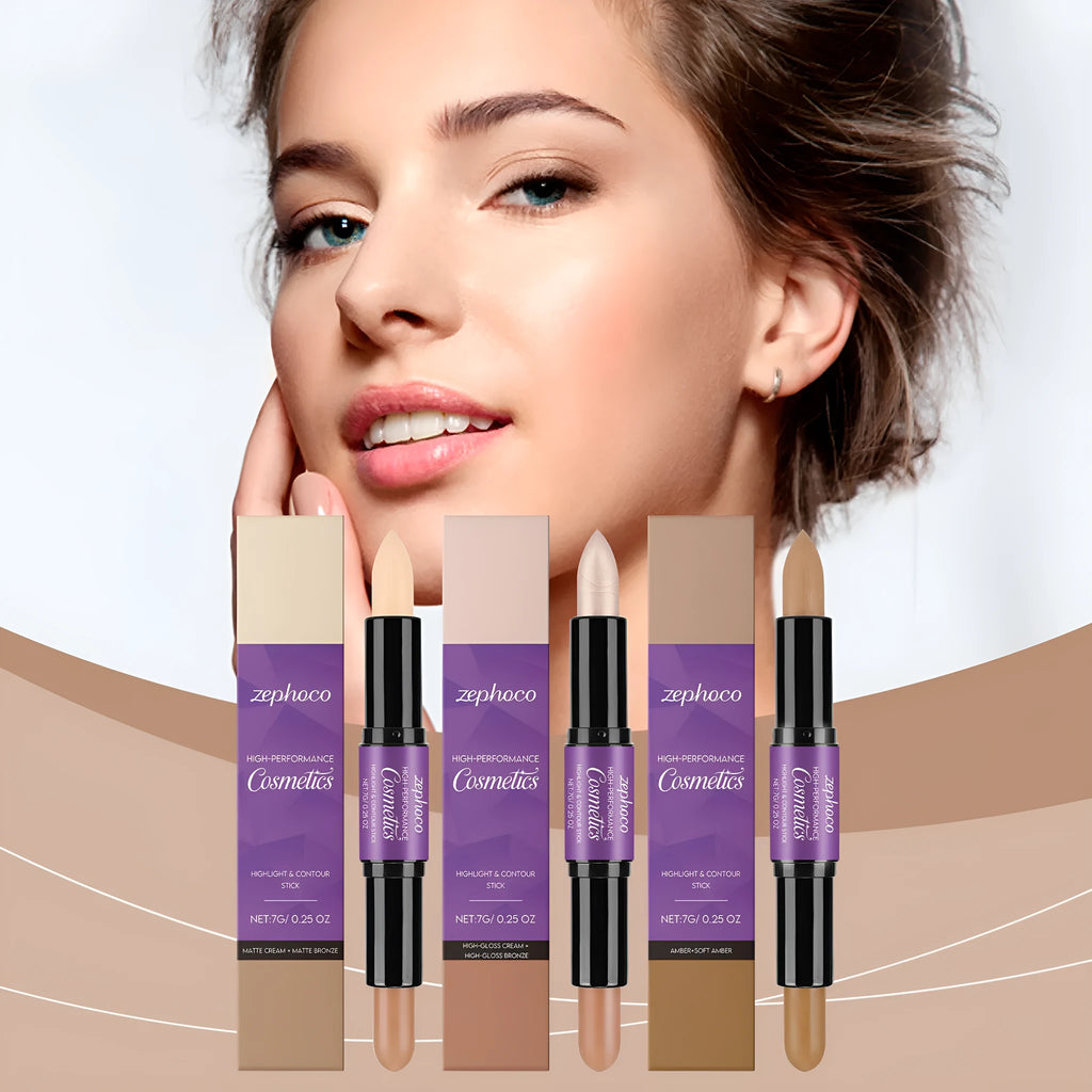 ZEPHOCO dual-ended cream highlighter and contour stick in matte bronze, amber, or high gloss bronze finish