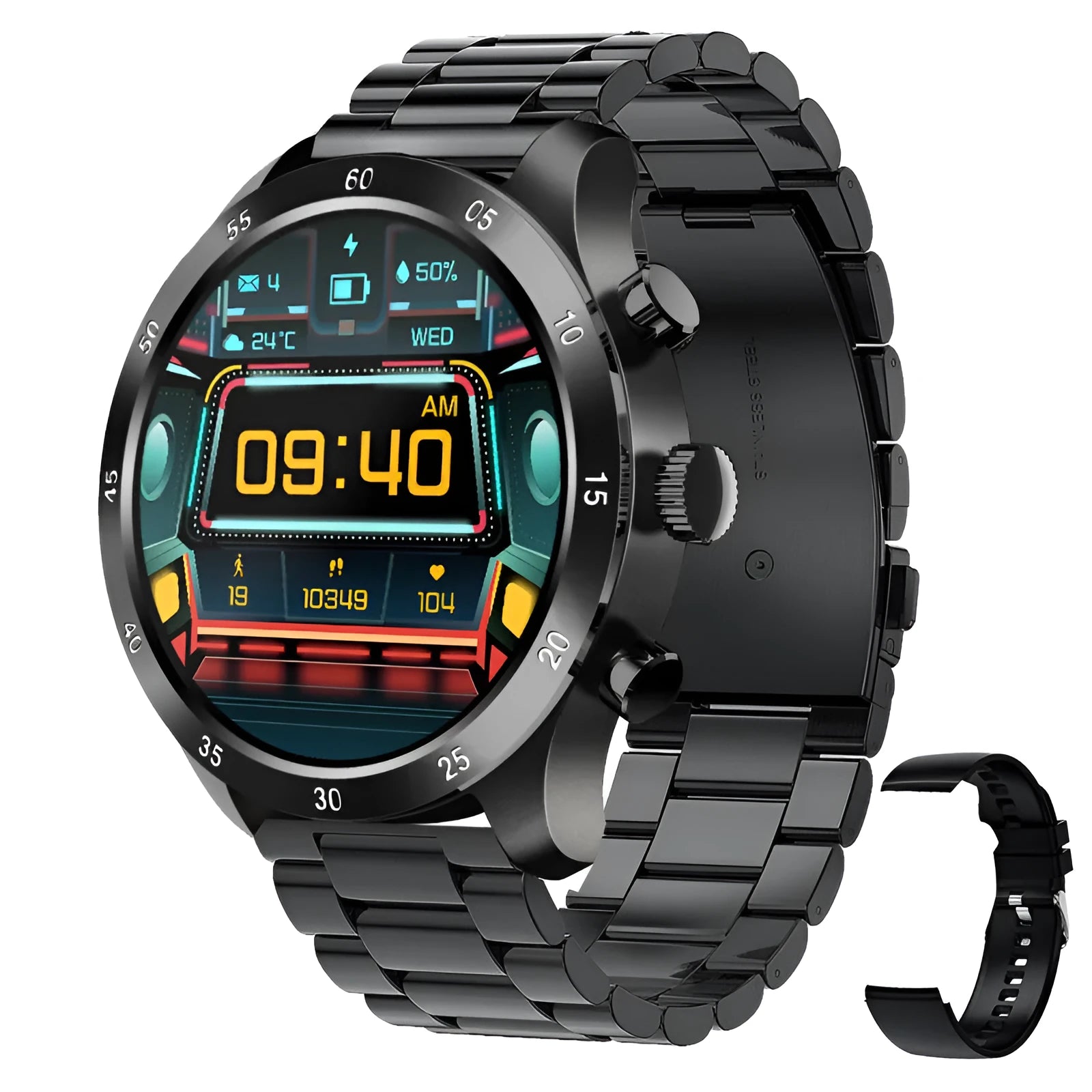 Black steel Bluetooth smart watch for iPhone with heart rate monitor on a wrist