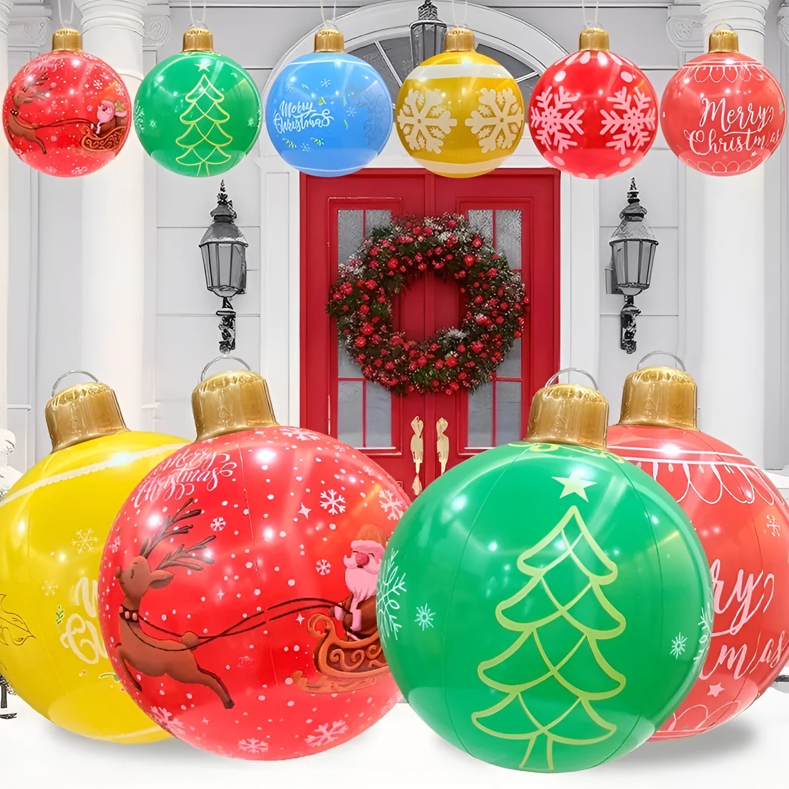 Large red inflatable Christmas ball with snowflake design and flashing lights in a garden setting.
