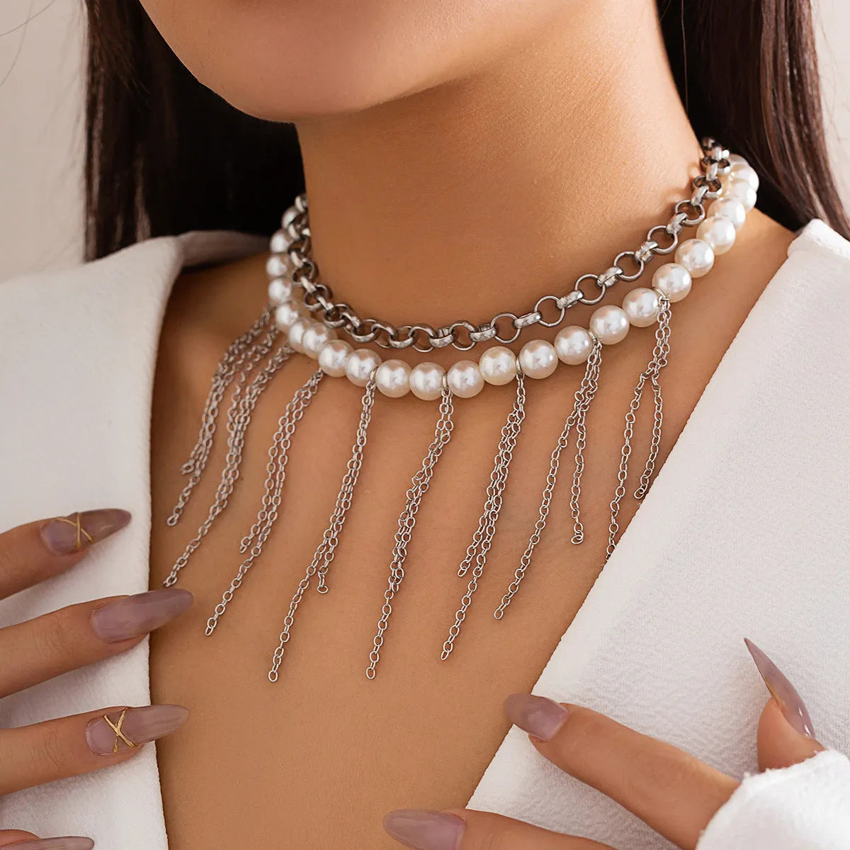 Imitation pearl tassel chain double-layer retro necklace with white K finish and geometric iron pendant