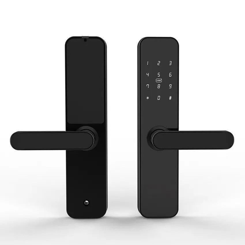 Alloy wooden door fingerprint lock in black with Graffiti WiFi connectivity for keyless entry