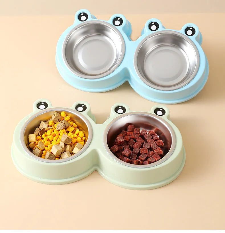 Stainless steel pet double bowl with frog design for food and water feeding