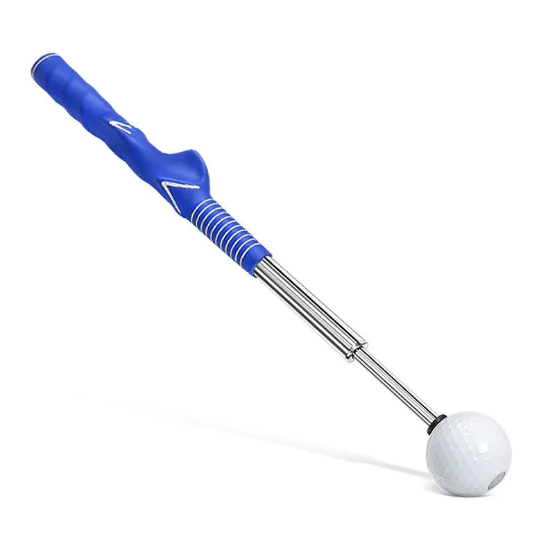 Telescopic stainless steel golf swing trainer in black, extended for practice.