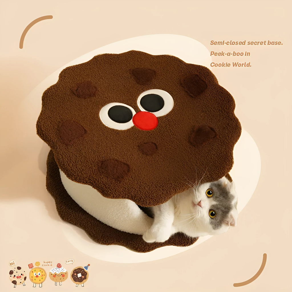 Khaki-coloured closed cat house with a nest shape resembling a sandwich cookie.