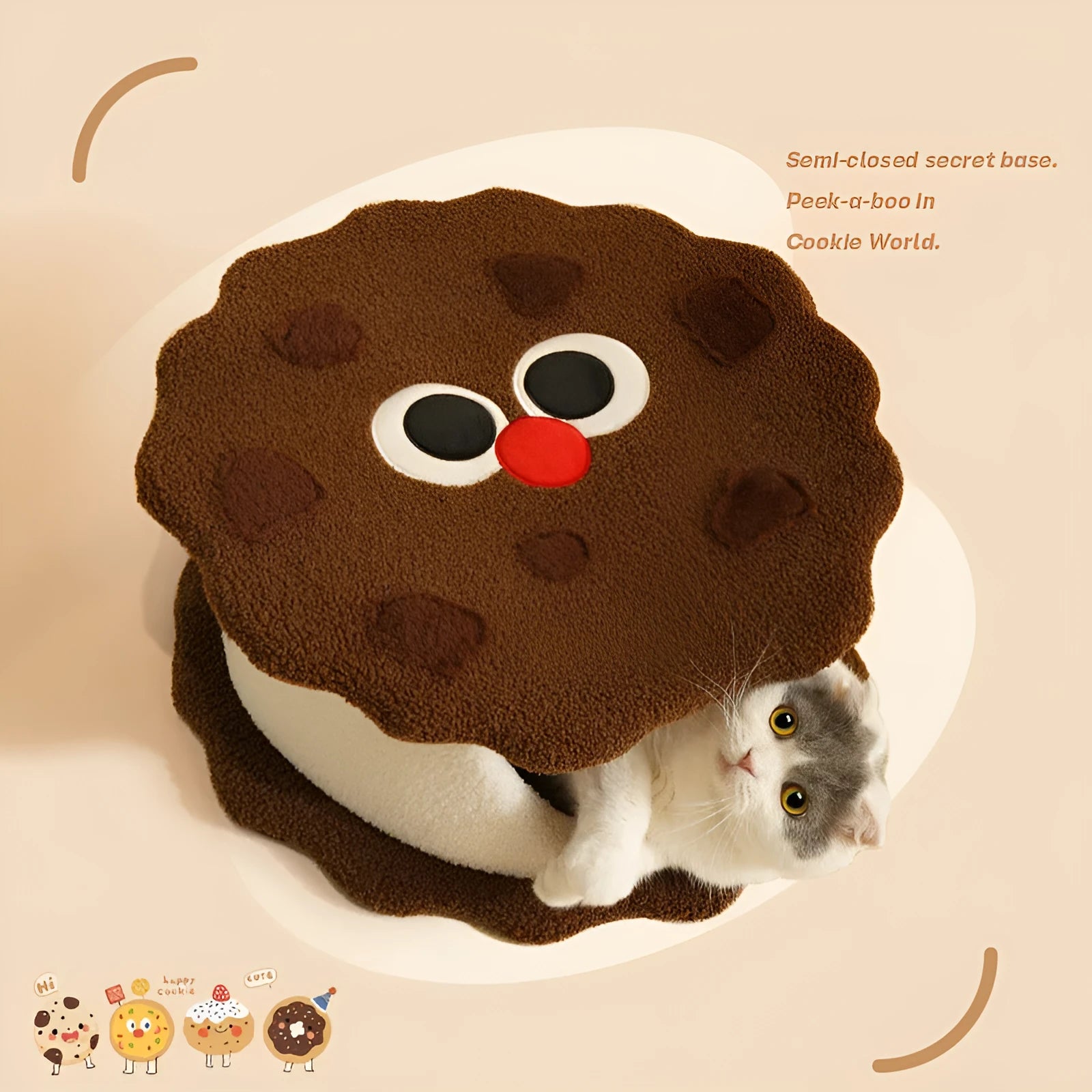Khaki-coloured closed cat house with a nest shape resembling a sandwich cookie.