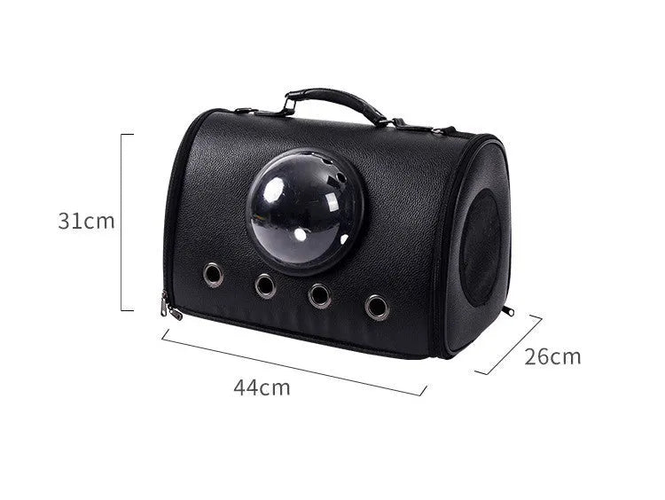 Leather cat bag space capsule in Classic Black, large capacity, with diagonal strap, for cats up to 12 catties