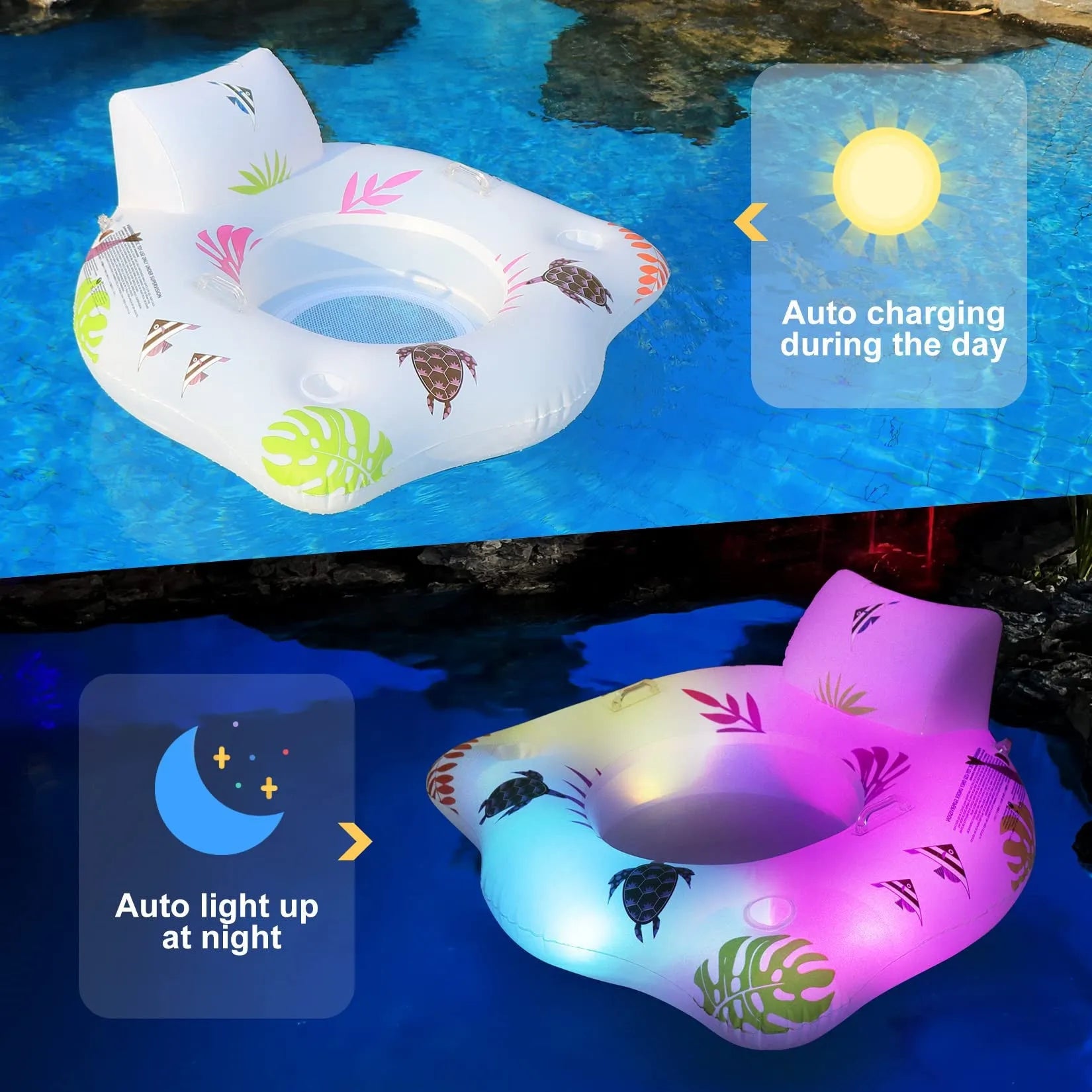 White U-shaped luminous inflatable pool float seat on water