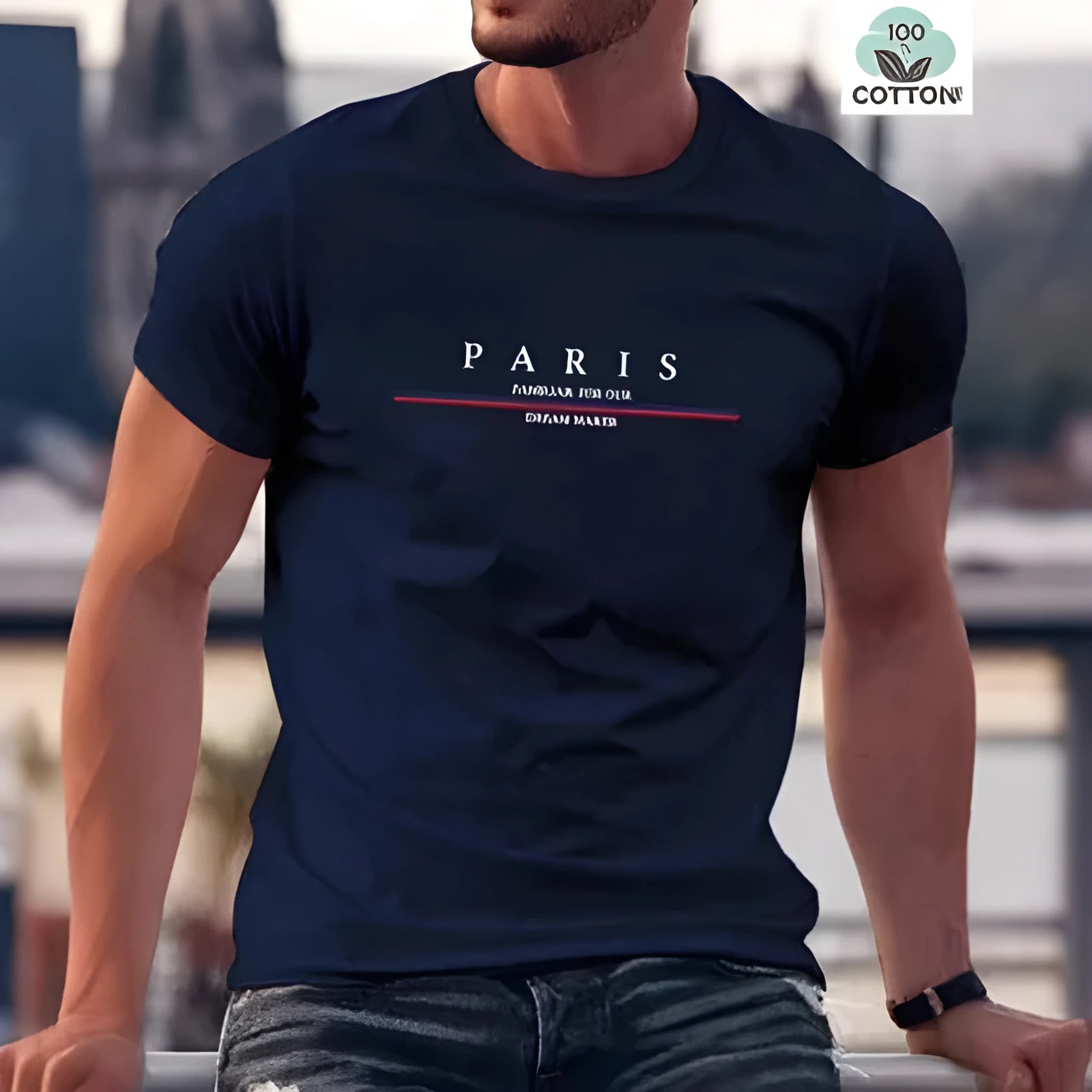 Men's casual cotton T-shirt with letter printing in loose fit, shown in apricot colour