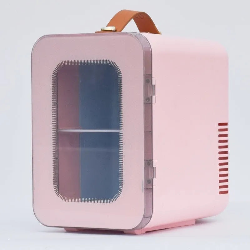 Car mini refrigerator with transparent door showing hot and cold dual-use function in black, pink or white colour options