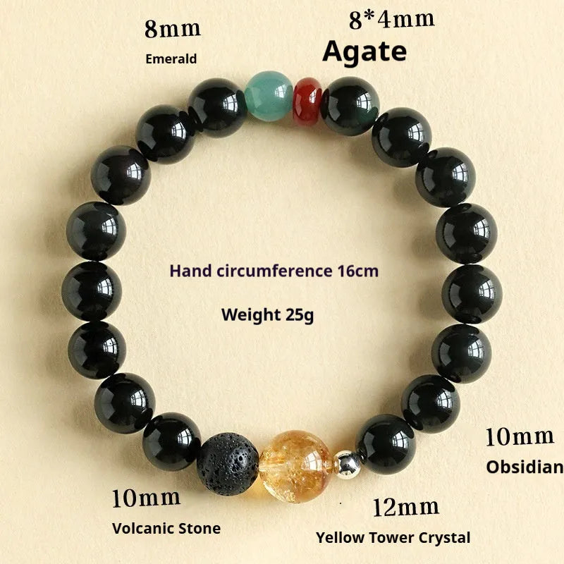 Chinese-style natural stone couple bracelet with obsidian, yellow tower crystal, agate, and jade beads.
