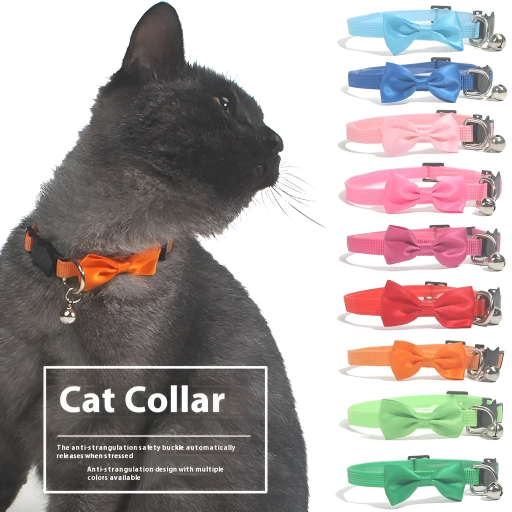 Colourful striped nylon bow collar for cats with an adjustable strap and small bell attached.