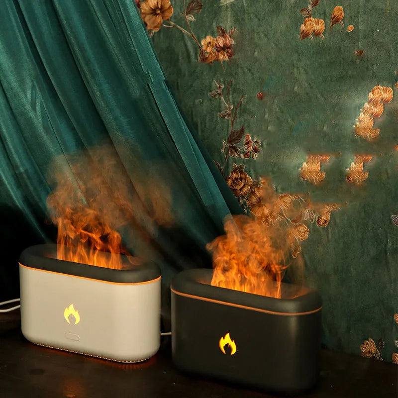 3D flame ultrasonic humidifier with 300ml water tank in white on a wooden desk