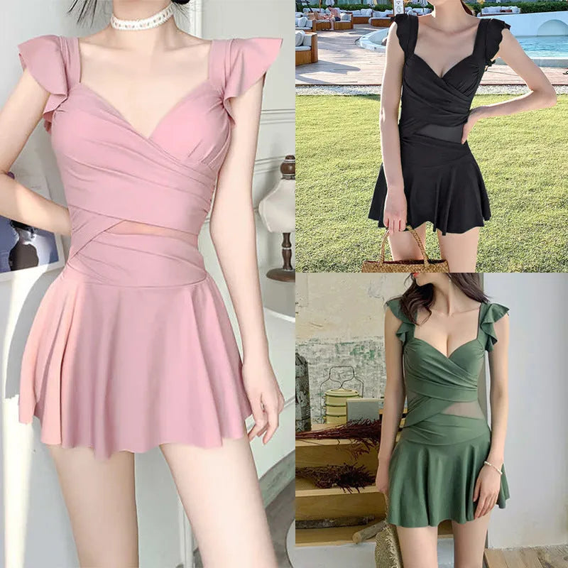 Women's solid colour one-piece swimsuit in milk silk fabric, shown in black, green, and pink.