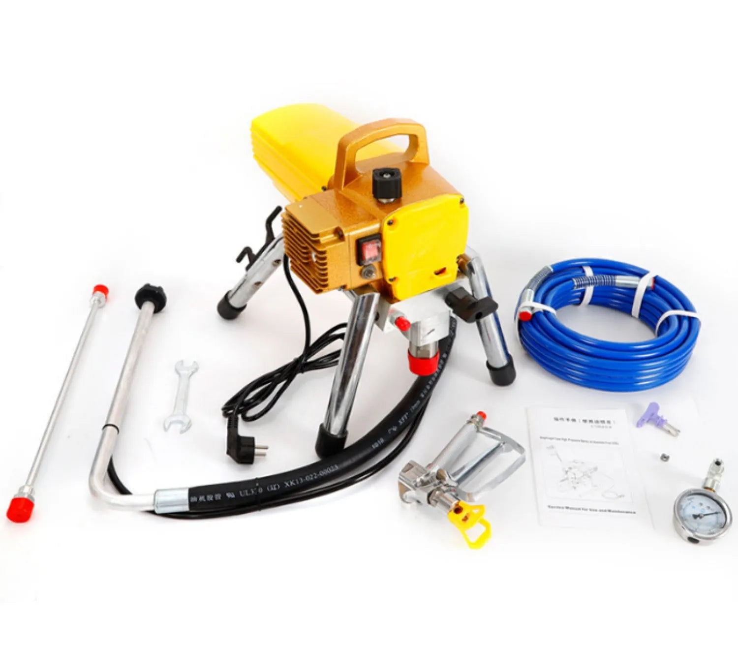Blue 110V electric airless spraying machine with spray gun and extension rod.