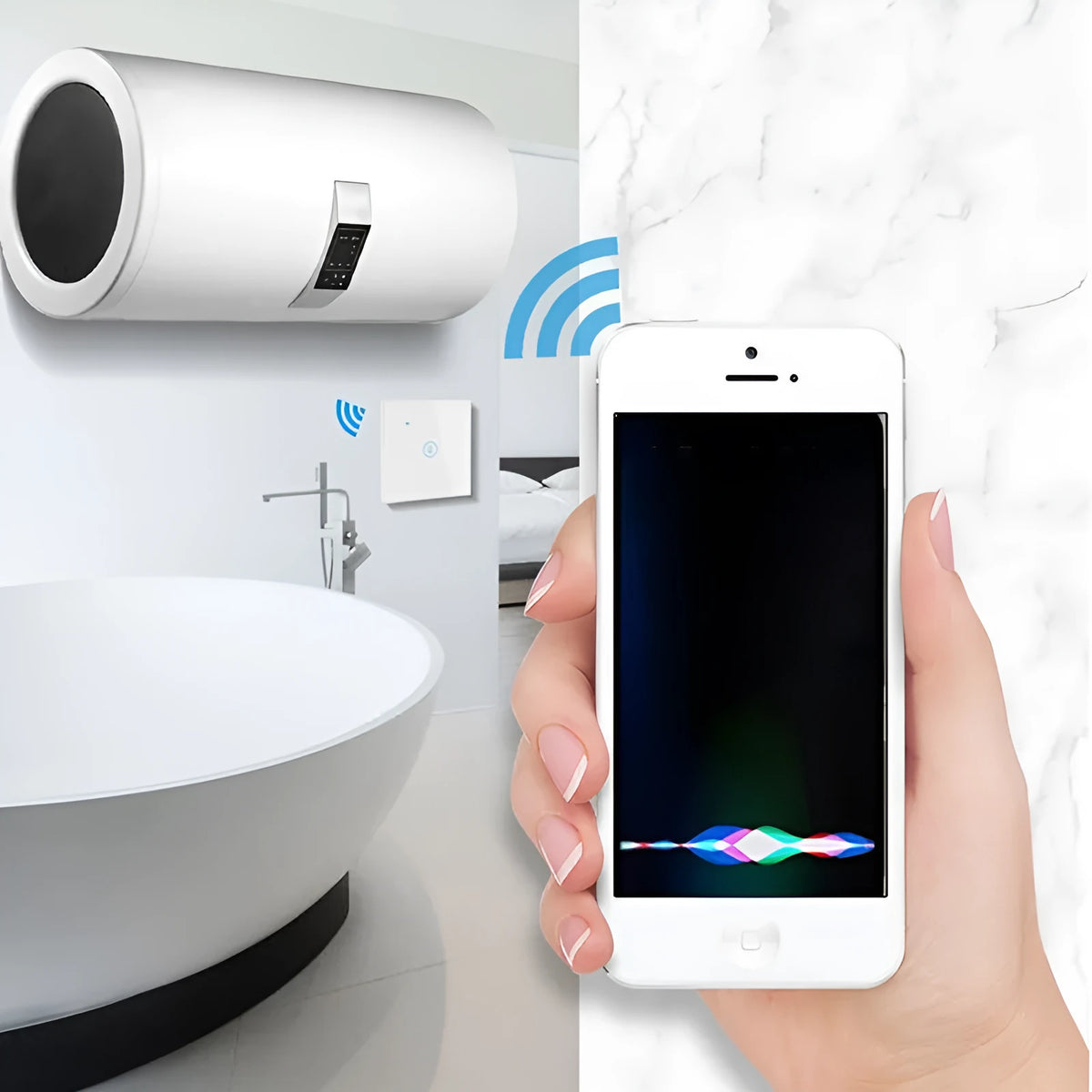 White smart water heater switch with touch panel, 4000W rating, EU standard 86x86x35mm size
