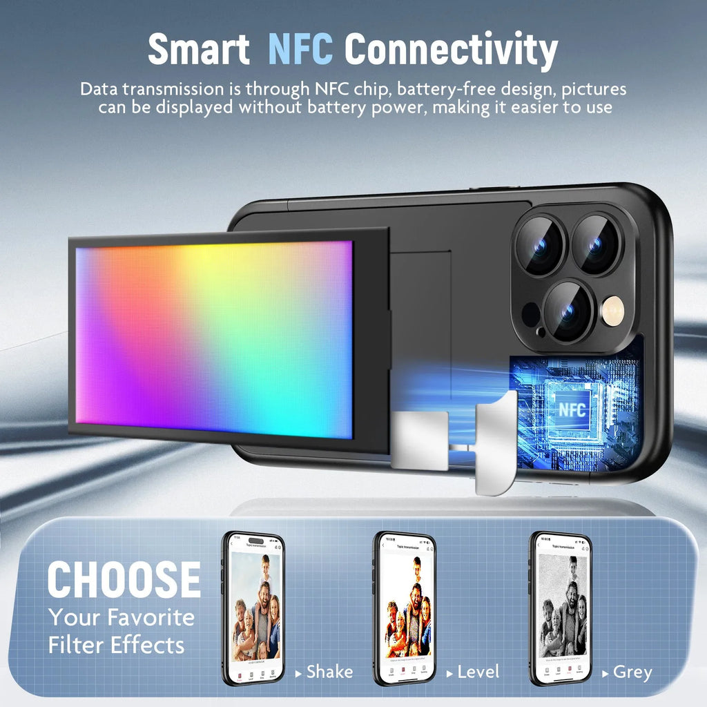 Black and Purple plastic flip phone cases for IPhone 15 Pro and Pro Max with NFC screen.