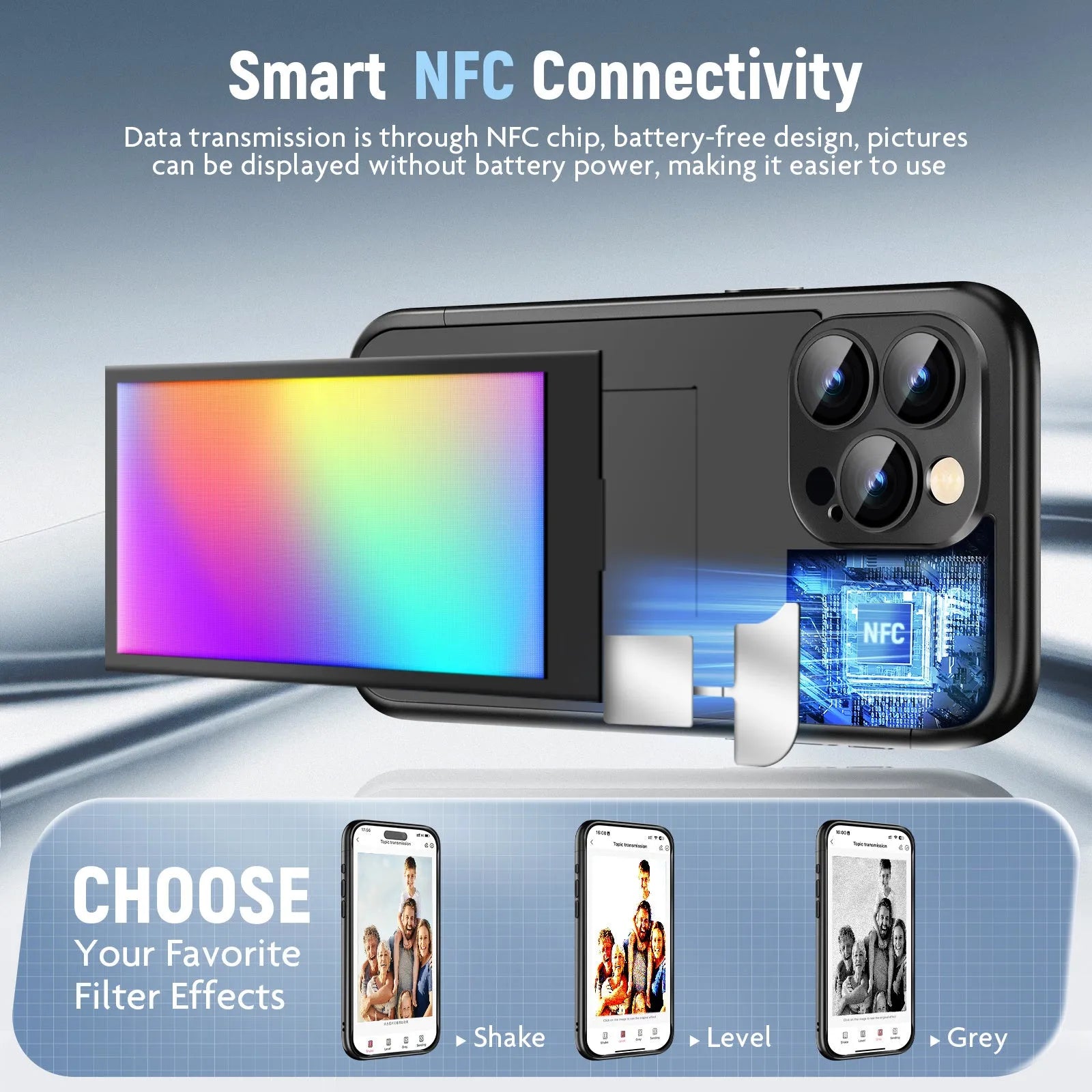 Black and Purple plastic flip phone cases for IPhone 15 Pro and Pro Max with NFC screen.