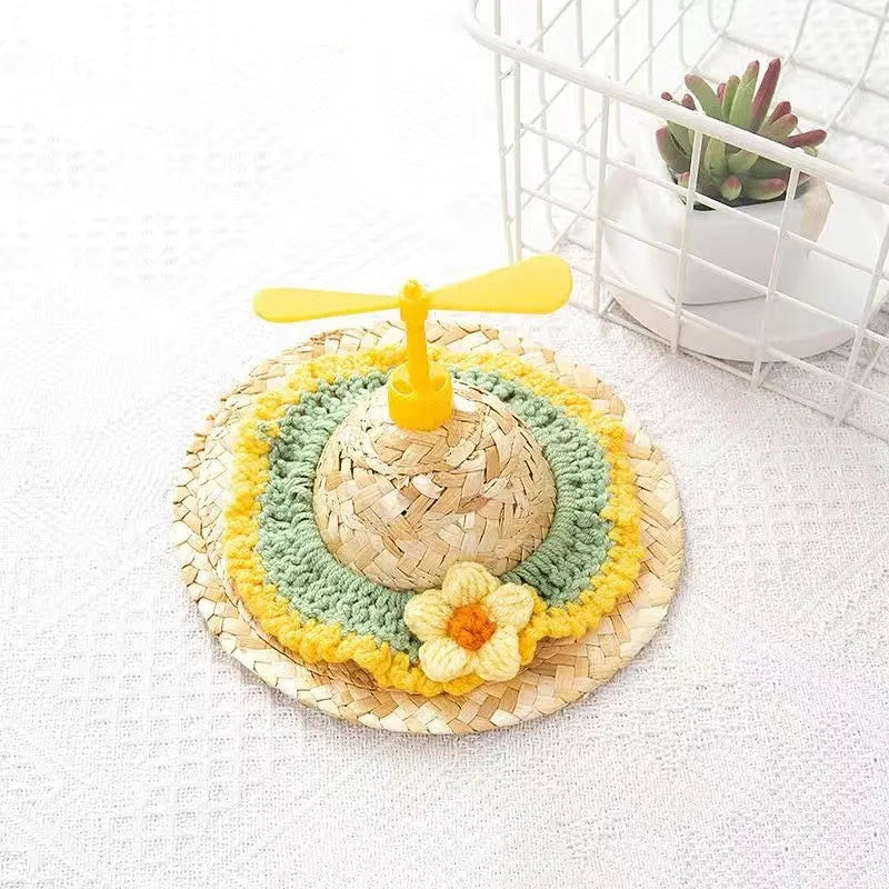 Pet cute hat decorative puppy cap made of mixed cloth and grass in small flower style on small dog