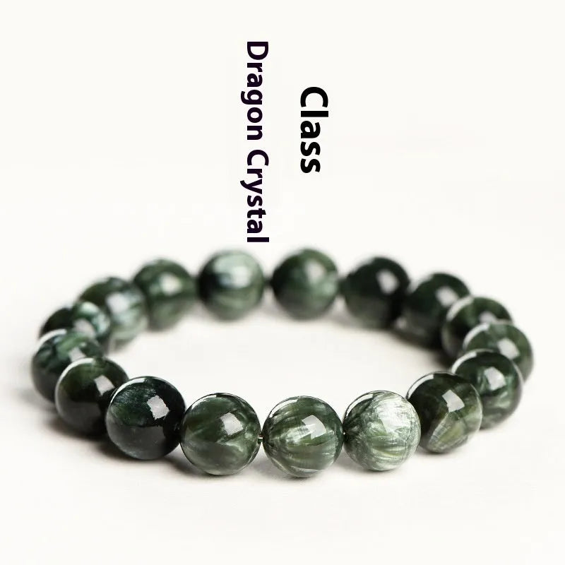 Green Dragon natural crystal bracelet with 8-9mm round beads and ruyi design detail