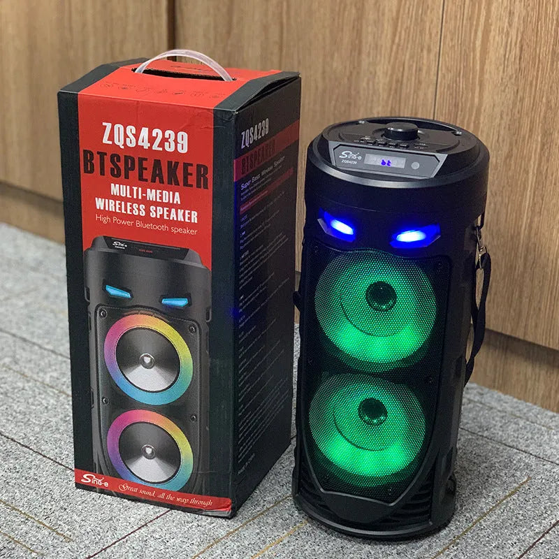 Black portable Bluetooth speaker with dual horn cannon design and compact dimensions