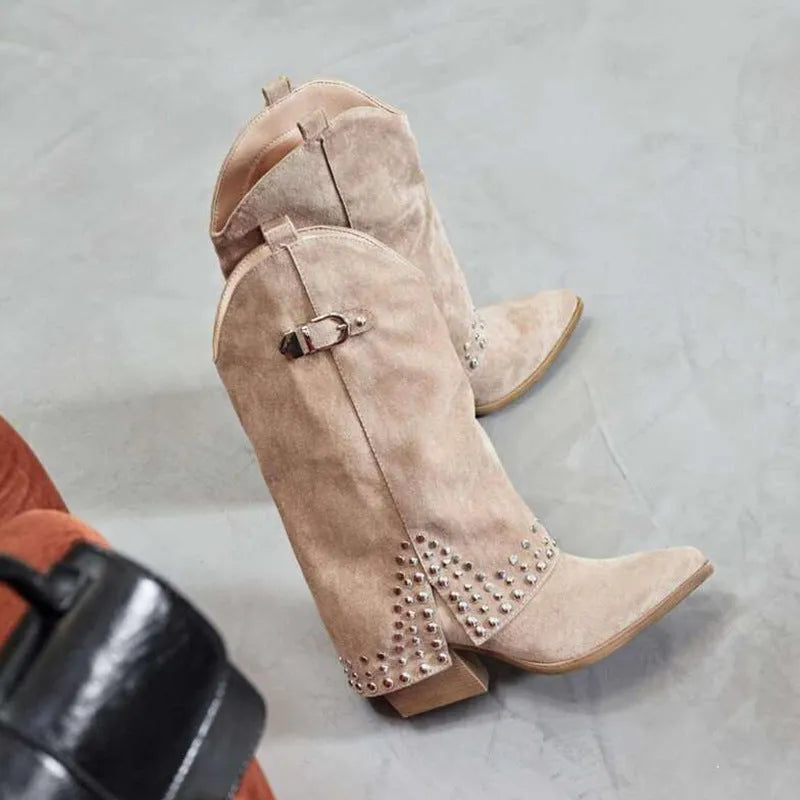 Women's pointed knight boots in suede with mid heel, black leather colour, side view