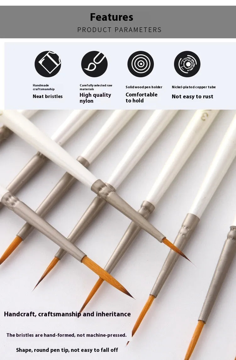Set of 12 pearl white artists' brushes in a solid wood holder, sizes from 0 to 4/0 for watercolour and acrylic painting.