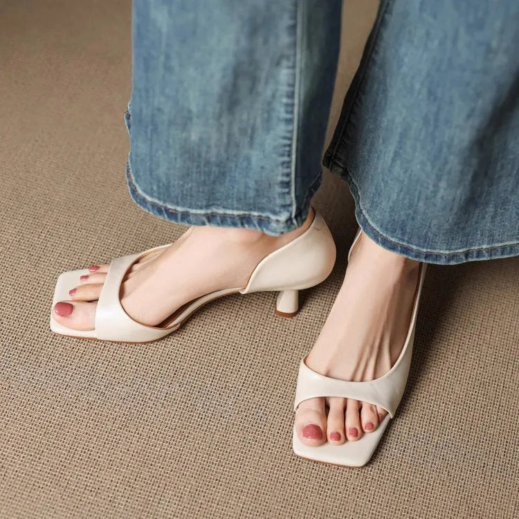 Simple one-strap square toe thin heel sandals in beige with peep toe detail, PU upper and rubber sole