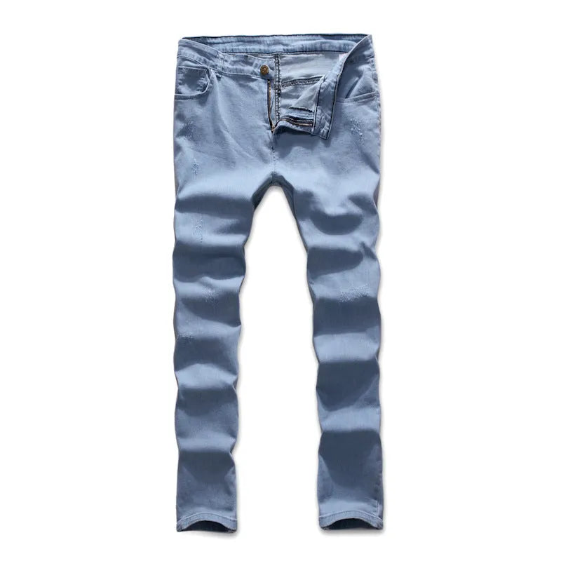 Men blue polyester denim trousers with button placket and mid-waist fit, casual style