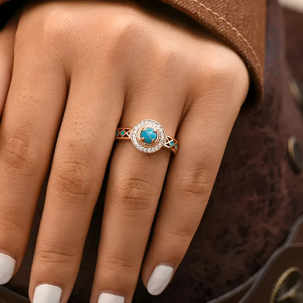 Rose gold copper women's ring with turquoise geometric design and micro inlaid zircon stones.
