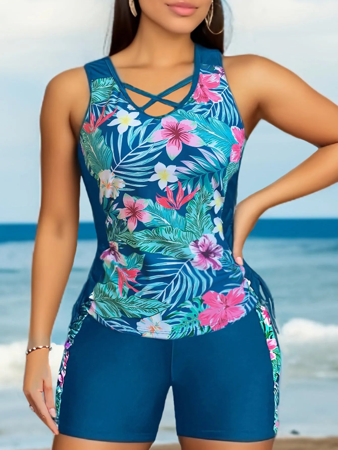 Plus-size woman in a high-waist floral print bikini with a backless design.