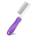 Purple pet detangling comb with stainless steel long and short teeth on an ergonomic handle.