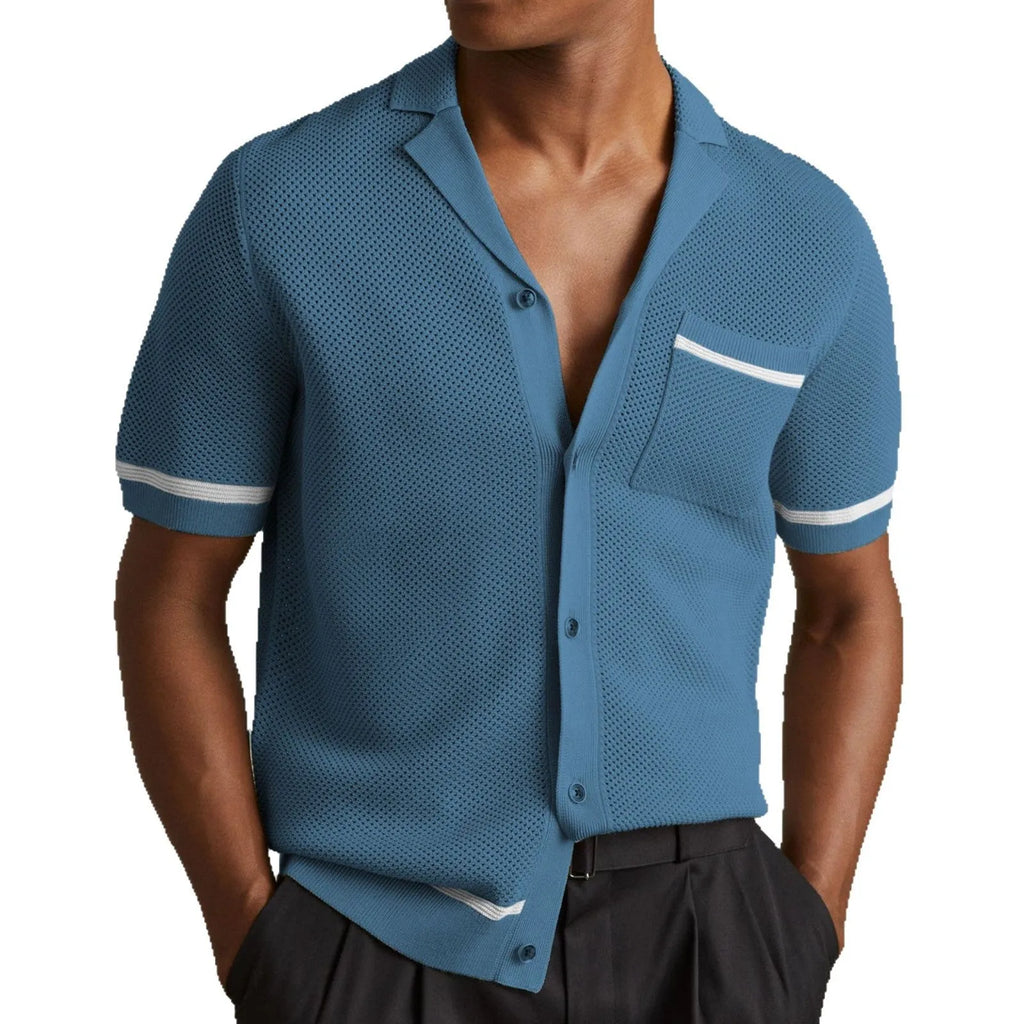 Men's Cuban collar short sleeve polo shirt in blue featuring flocking texture detail, regular fit, Tencel viscose fabric