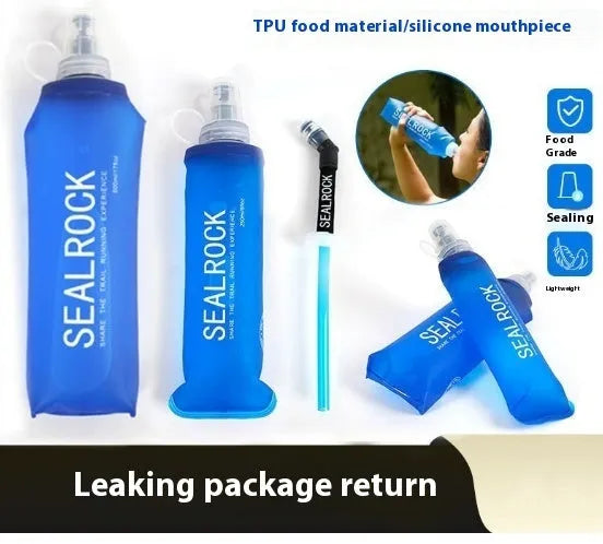 Flexible plastic suction straw with silicone mouthpiece, shown extended and collapsed next to a cycling water bottle.