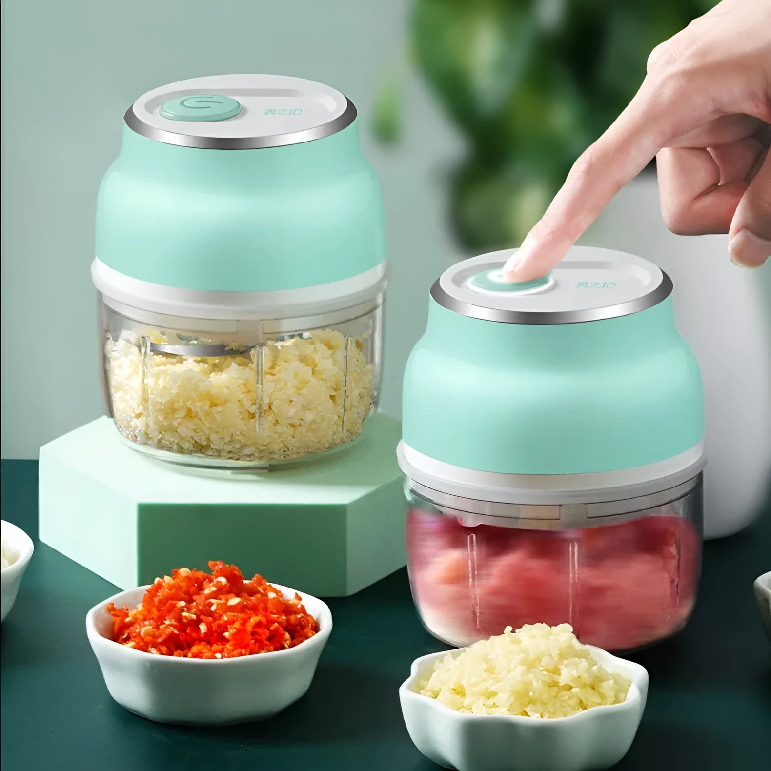 Portable electric mini food chopper with transparent cup and stainless steel blades