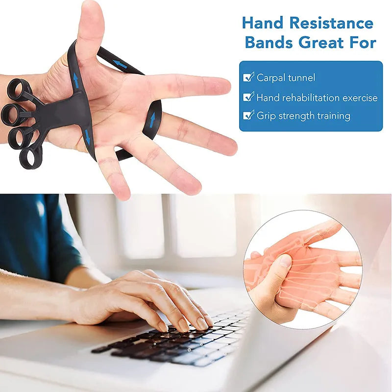 Three silicone finger pullers in grey, blue, and black on a white surface
