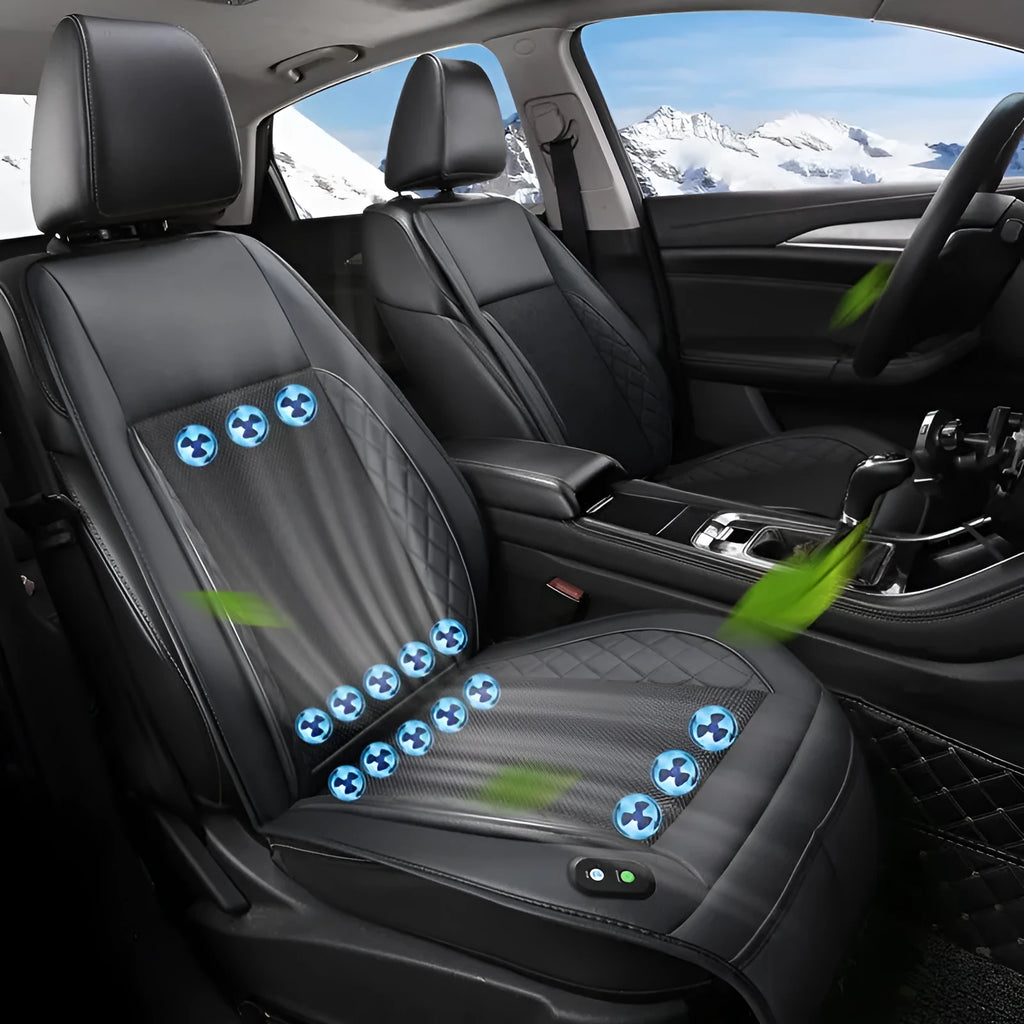 Ventilation car seat cushion in black with 24 fan units, on a car seat with power cord visible