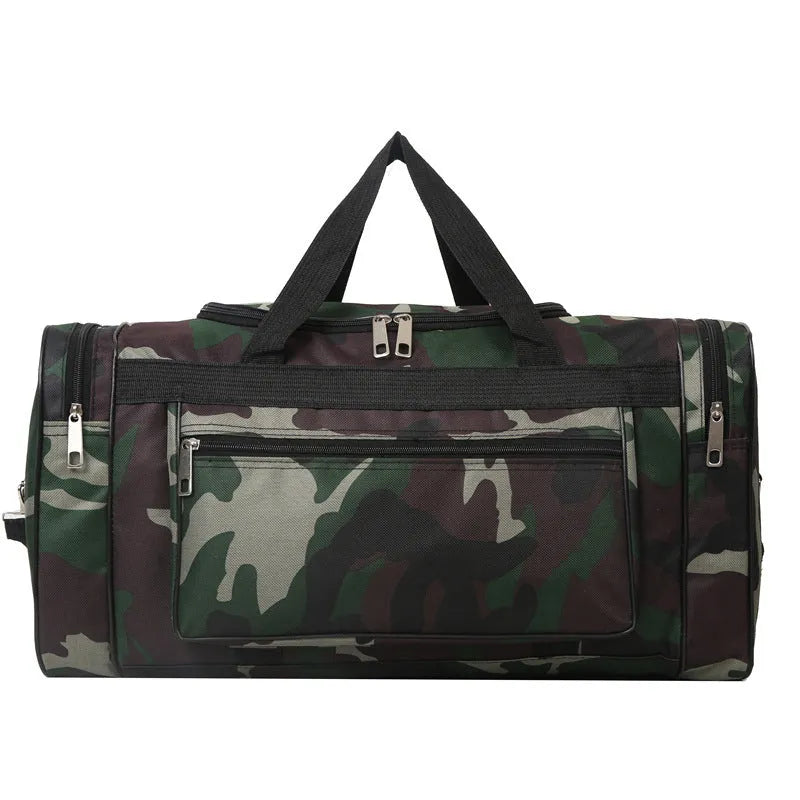 Green camouflage waterproof fabric luggage bag with striped polyester lining.