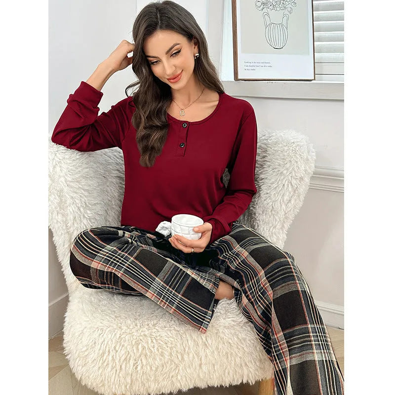 Milk silk plaid button pullover top and trousers set for women in brown and wine red colours