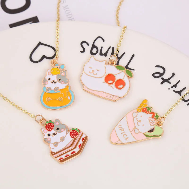 Cat metal pendant bookmark with creative cartoon designs including Strawberry Cake Cat and Cherry Sleeping Cat