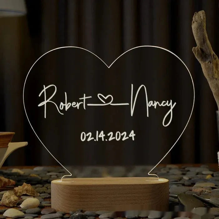 Transparent custom acrylic night light with personalised text, measuring 20cm by 11.5cm.