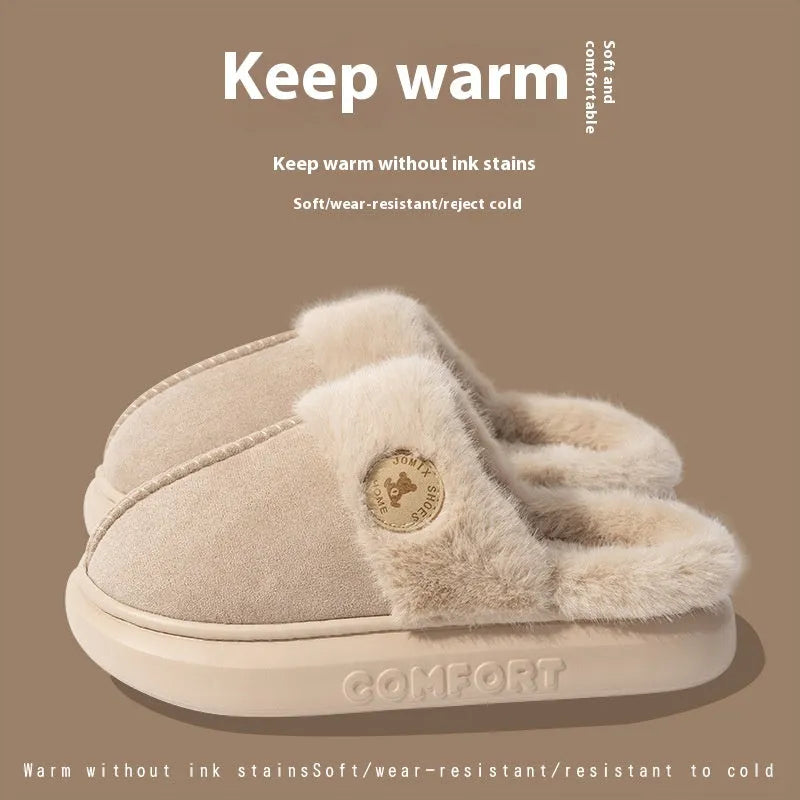 Pair of thick-soled plush fleece slippers for indoor winter wear, shown in a selected colour.
