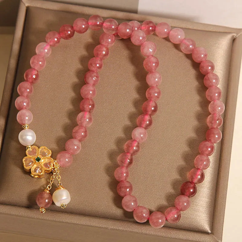 Strawberry quartz four-leaf clover double ring bracelet for women with alloy inlay