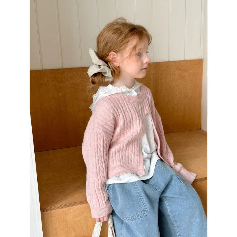 Girls' cotton knitted pullover in solid lotus root colour with retro split hem, suitable for heights 90-150cm